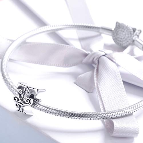BISAER 925 Sterling Silver Initial Letter A-Z Charms for Bracelets Alphabet Beads Charm Jewelry Gifts - color: Letter T