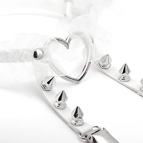 Eigso Velvet Gothic Garter for Women Heart Leg Ring with Rivets Elastic Lace Bracelets Choker Set - color: White