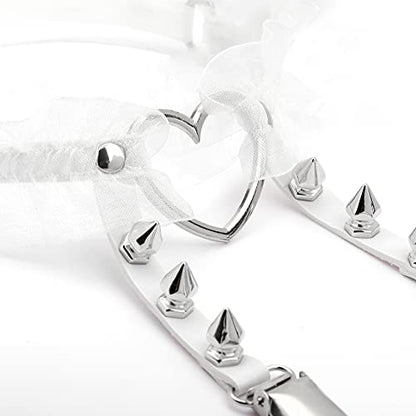 Eigso Velvet Gothic Garter for Women Heart Leg Ring with Rivets Elastic Lace Bracelets Choker Set - color: White