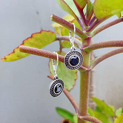Handmade Sterling Silver Boho Crystal Dangle Leverback Earrings For Women - color: Silver, Black Stone