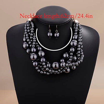 Wiwpar 2PCS Large Chunky Statement Faux Pearl Bib Choker Necklace and Earring Set for Party Wedding Ladies - color: black