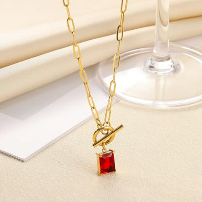 Diamond Necklaces for Women Natural Stone Paperclip Toggle Necklace 14K Gold Plated Emerald Birthstone Necklace for Women Paper Clip Chain Blue Green Cubic Zirconia Pendant Birthday Gifts for Women Mother Jewelry - color: 07. July(Ruby)