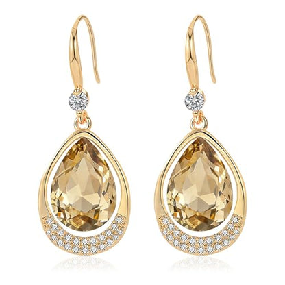 Austrian Crystal Halo Teardrop Hollow Drop Dangle Earrings for Women 14K Rose Gold Plated Hypoallergenic Jewelry Gifts - color: Light Topaz