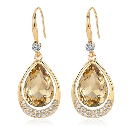 Austrian Crystal Halo Teardrop Hollow Drop Dangle Earrings for Women 14K Rose Gold Plated Hypoallergenic Jewelry Gifts - color: Light Topaz