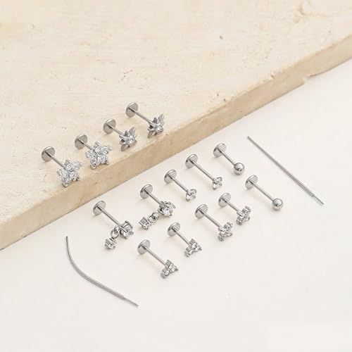 Threadless Flat Back Earrings Studs 20G Surgical Steel Push in Nose Studs Rings Cartilage Helix Tragus Conch Lip Labret Medusa CZ Nostril Piercing Jewelry for Women Gold Silver Tone - color: Silver
