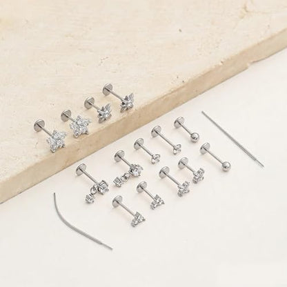 Threadless Flat Back Earrings Studs 20G Surgical Steel Push in Nose Studs Rings Cartilage Helix Tragus Conch Lip Labret Medusa CZ Nostril Piercing Jewelry for Women Gold Silver Tone - color: Silver