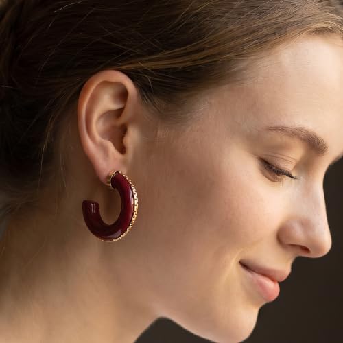 Gold Plated Resin Chunky Hoop Earrings Hypoallergenic Push Back Hoops for Sensitive Ears - color: Burgundy