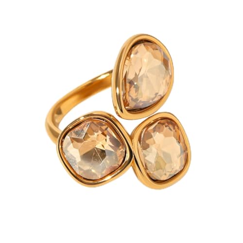 Geometric Crystal Statement Ring for Women Stainless Steel Adjustable Open Bezel Square Teardrop Austrian CZ Princess Cut Wedding Promise Finger Rings Comfort Fit Stacking Band Dainty Jewelry Art Deco - color: Champagne Cz
