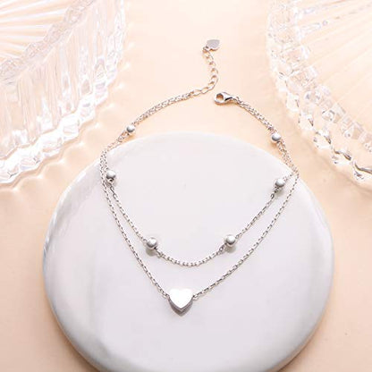 Flyow Anklet for Women S925 Sterling Silver Adjustable Foot Beaded Heart Charm Ankle Bracelet Anklets Jewelry - style: heart charm 11+1