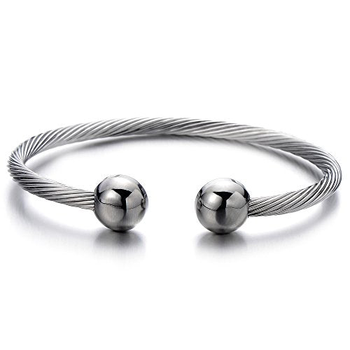 COOLSTEELANDBEYOND Elastic Adjustable Stainless Steel Cuff Bangle Bracelet for Mens Womens - color: G-Metal Color: Silver