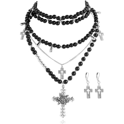 Bocar Gothic Cross Layered Pearl Necklace Chunky Statement Stacked Necklace Y2K Silver Layered Necklace for Women (NK-10769) - color: Black