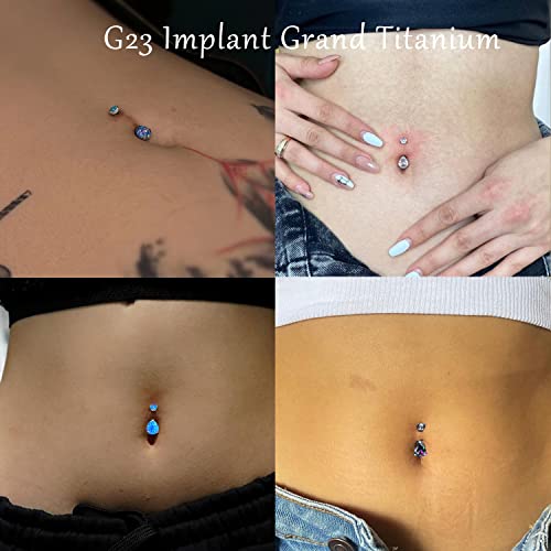 VOJO G23 Titanium Belly Button Rings Cubic Zircon Opal Hypoallergenic Threaded 14G Diamond Navel Body Piercing Jewelry Birthstone for Women - color: Teardrop Rainbow CZ