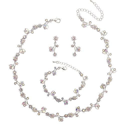Elegant Brides Austrian Crystal Flower Choker Necklace Drop Dangle Earring Bracelet Wedding Jewelry Set for Bridesmaid Prom Costume Jewelry Set for Women - color: AB Crystal-Platinum Plated