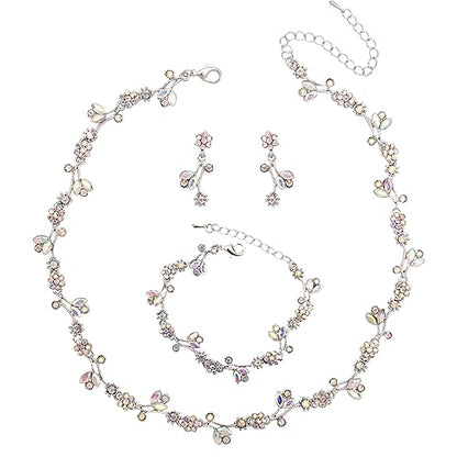 Elegant Brides Austrian Crystal Flower Choker Necklace Drop Dangle Earring Bracelet Wedding Jewelry Set for Bridesmaid Prom Costume Jewelry Set for Women - color: AB Crystal-Platinum Plated