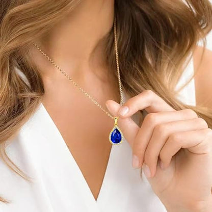VONSSY Classic Oval Pendant Gemstone Necklace | Crystal Ruby Sapphire Waterdrop Birthstone Teardrop Emerald Necklace | 18K Platinum Gold Plated Chain | Jewelry Gift for Mother Wife Girlfriend - color: NL-Sapphire-Gold