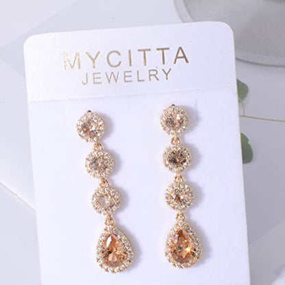 Women's Cubic Zirconia Bridal Earrings - Elegant Long Wedding Party Prom Earring for Bride Bridesmaids Crystal CZ Rhinestone Chandelier Statement Dangle Drop Earrings for girls - color: Champagne-gold