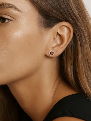 FindChic Birthstone Earrings for Women, Round/Heart/Square/Teardrop Earrings with 925 Sterling Silver Posts & Push Backs, Hypoallergenic Studs with Cubic Zirconia, 12 Months Jewelry with Gift Box - style: 01. January-Garnet (Heart-Gold)