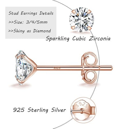 MASOP VOGU 3-5mm Sterling Silver Stud Earrings Set 14K White Gold Plated Hypoallergenic Tiny Round Cut CZ Cubic Zirconia Simulated Diamond Cartilage Studs for Women Men - color: Rose Gold Color