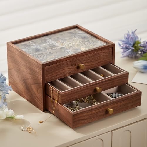 Black Walnut Wooden Women Jewelry Box with Glass Lid, 3 Layer | Blue Floral Glass Lid, Wood Drawer Jewelry Organizer for Women, For Necklaces, Watch, Ring, Earring Storage,Ideal Gift - style: 3 Layer B
