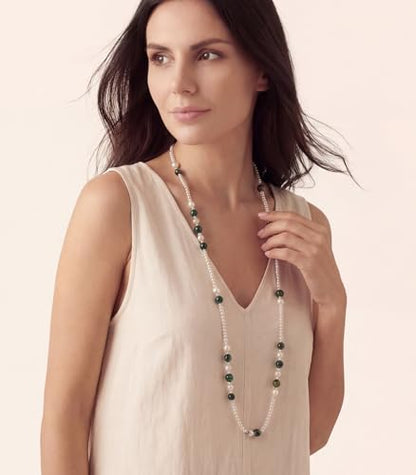 Long Beaded Necklaces for Women Pearl Stone Bead Strand - Layered Sweater Chain Elegant Mother's Day Jewelry Gifts - color: White&Green
