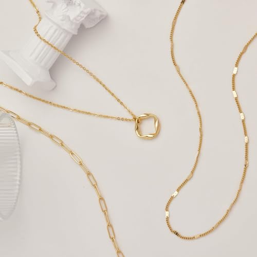 Gold Layered Necklaces for Women Stack Boho Stacking Layering 14K Gold Plated Chain Necklaces Set Cuban Link Herringbone Twist Chain Square Coin Pendant Necklace Jewelry Gifts Trendy Stuff - color: B Gold Layered Circle Neckalce