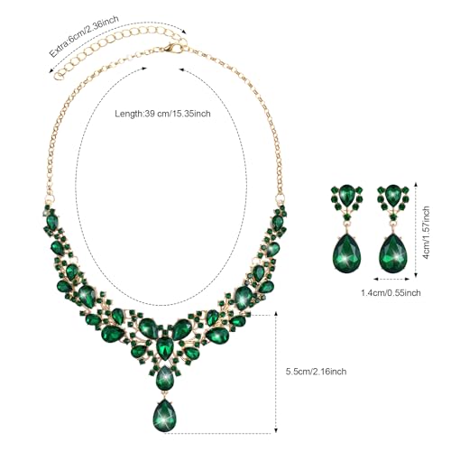 Hicarer Bridal Teardrop Cluster Crystal Jewelry Set for Women Necklace Earrings Wedding - color: Dark Green