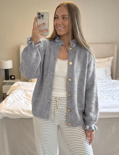 MEROKEETY Women's Fall Trendy Chunky Knit Cardigan Casual Ruffle Sweaters | Button Down, Long Sleeve, Cute Ruffle Collar, Mock Neck, Fashion Cozy Knit Sweater, Dressy Casual Winter Outerwear Clothes - color: Grey, size: Medium
