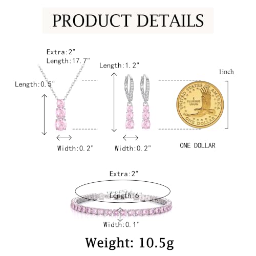 Crysdue Cubic Zirconia Jewelry Set for Women Bridesmaid, Classic Round Cut Drop Lightweight Lever Back Earrings Pendant Necklace Tennis Bracelet for Wedding Prom Party - style: 3pcs Light Pink, Silver