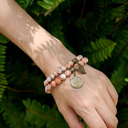 Bivei Natural Semi Precious Gemstone beads bracelet for women - Life Tree and Leaf Charm Energy Reiki Crystal Stretch Bracelets - color: Red Vein Jasper Bracelet Set, size: Medium:6.8-7.24inch
