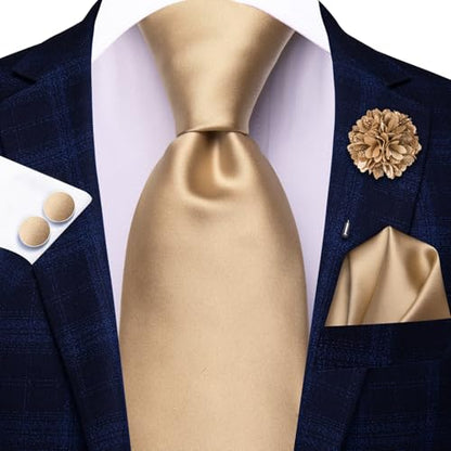 Hi-Tie Men's Silk Ties Formal Woven Classic Necktie Pocket Square Cufflinks Lapel Pin Set Wedding Business - color: Champagne Gold