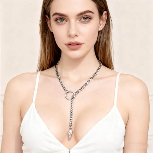 Heart O Ring Slip Chain Choker Necklace for Women Men Stainless Steel Cuban Chain Y-shape Necklaces Punk Rock Collar Adjustable Lariat Y Necklace Prom Necklaces Jewelry - color: Skeleton crow