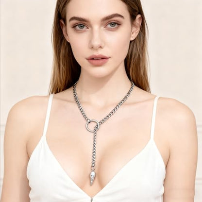 Heart O Ring Slip Chain Choker Necklace for Women Men Stainless Steel Cuban Chain Y-shape Necklaces Punk Rock Collar Adjustable Lariat Y Necklace Prom Necklaces Jewelry - color: Skeleton crow