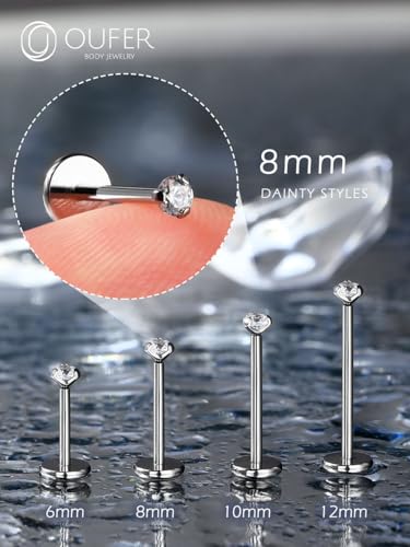 OUFER 2PCS Nose Piercings, G23 Solid Titanium Threadless Nose Rings 20G, Clear Tiny CZ Nose Stud Flat Back Nose Nostril Piercing Jewelry for Women Men - size: 2mm CZ_20g 8mm