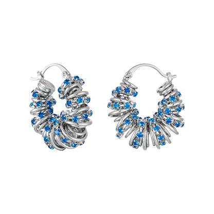 Statement Earrings for Women | Chunky Gold Hoops Rhinestone Thick Hoop Earrings 14K Gold Plated Hypoallergenic - color: Silver-Blue