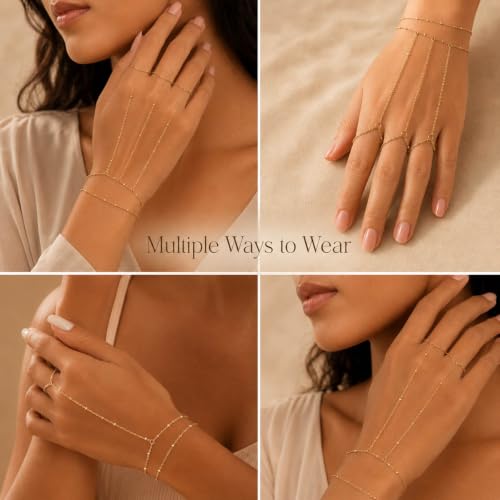 14K Gold Plated Stainless Steel Hand Chain Bracelet for Women Trendy Dainty Ring Bracelet Hand Chain Hypoallergenic Body Jewelry for Everyday Wear Cute Trendy Gifts