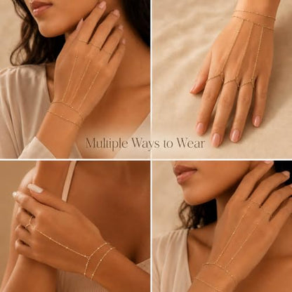 14K Gold Plated Stainless Steel Hand Chain Bracelet for Women Trendy Dainty Ring Bracelet Hand Chain Hypoallergenic Body Jewelry for Everyday Wear Cute Trendy Gifts