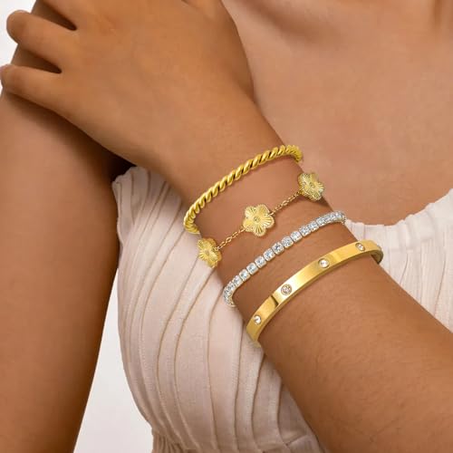 MOINSPIRE Gold Bracelets for Women, 18K Gold Plated Tennis Nail Clover love Bangle Bracelets Set Non Tarnish, Stainless Steel Trendy Stackable Bracelet Fashion Jewelry Accessories Gifts for Christmas - color: B1-Gold