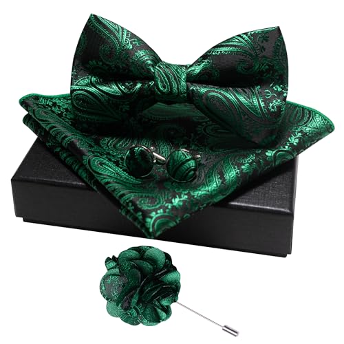 JEMYGINS Mens Paisley Bow Tie and Lapel Pin Necktie Pocket Square and Tie Clip with Sets for Business Casual 4PCS - color: Green