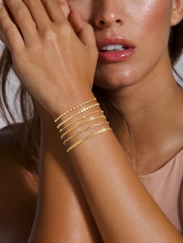 MFRYK Gold/Silver Bracelets For Women,Trendy 14k Gold/Silver Plated lightweight Dainty Chunky Thin Cuban Link Paperclip Chain Tennis Bangle Bracelets Stack Set,Ring Hand Chain Bracelet,Gold Jewelry Gift For Women Fashion Accessories - style: 6Pcs thin cub