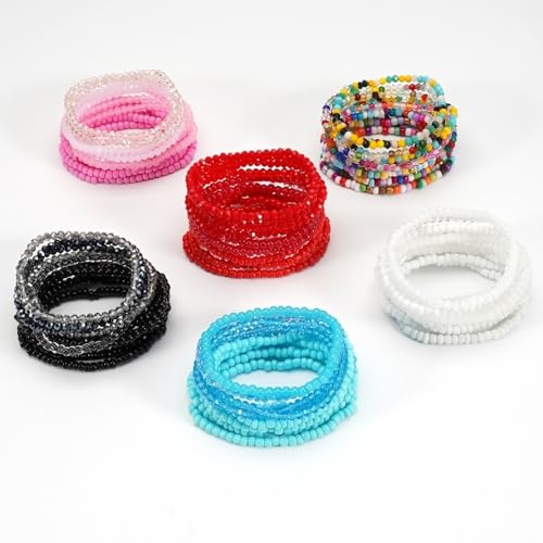 12Pcs Bohemia Multilayer Resin Seed Beaded Stackable Bracelets Colorful Crystal Glass Beads Stretch Bracelet BFF Friendship Elastic Wristbands for Women Men Summer Beach Boho Vacation Jewelry - color: Red