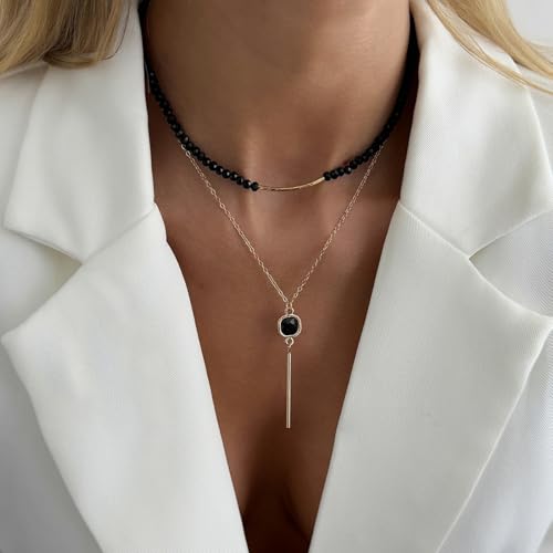 Gold Layered Necklace for Women Chunky Stacked Chain Link Paperclip Evil Eye Necklace Trendy Punk Jewelry - color: X-Black