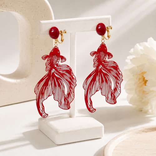 Red Koi Fish Clip On Earrings, Metal and Acrylic Statement Dangle Earrings for Women Festival Party Jewelry