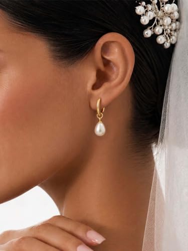 Pearl Drop Earrings 14K Gold Plated Dainty Bridesmaid Jewelry Gift - color: Gold-A