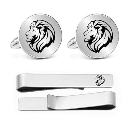 Kooer Birthday Gifts for Husband, Male Lion CuffLinks & Tie Bar Set Engraved Stainless Steel Lion Head Cufflinks Jewerly Gift For Men