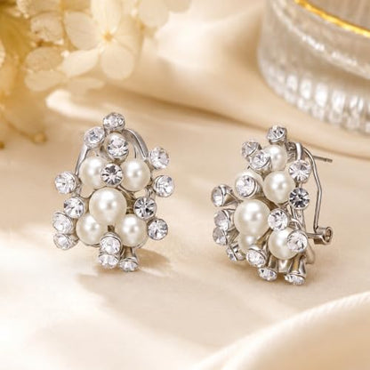 EVER FAITH Austrian Crystal White Simulated Pearl Bridal Cluster Pierced Stud Earrings - color: Clear Silver-Tone