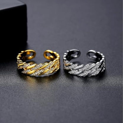 18K Gold Plated Rings for Women and Teen Girls Non Tarnish Cubic Zirconia Fidget Ring Butterfly/Snake/Mesh/Cross/Crown Knuckle Ring Open Adjustable Statement Stacking Chunky Rings - color: White Gold Twist