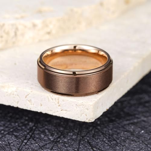 King Will Mens Brushed Wedding Band, Two Tone Matte Step Edges/Pipe Cut, Tungsten Carbide Anniversary Promise Rings Comfort Fit - color: Brown&Rose Gold-8mm