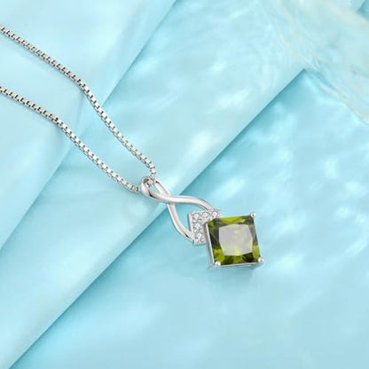 Infinity Necklace 925 Sterling Silver Princess Cut Pendant Birthstone Jewelry for Women - color: Olive Green