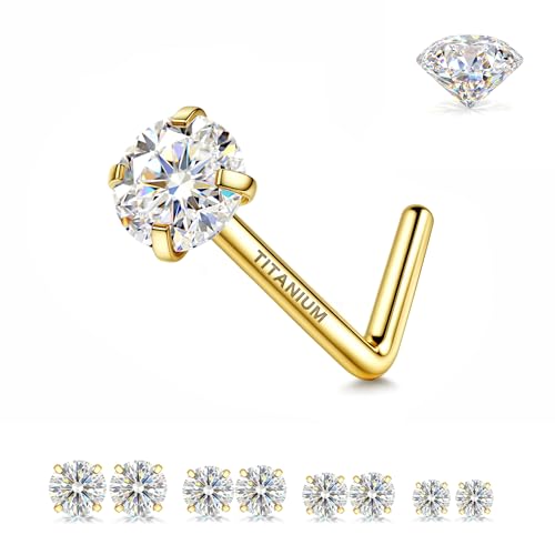GEMQUEEN 8Pcs Moissanite & Implant Grade G23 Titanium Nose Studs : 18K Gold Plated L Shaped Nose Ring Set Hypoallergenic 18G 20G Small Nostril Piercing Jewelry for Women Men 1.5/2/2.5/3mm D Color VVS1 - color: Gold, size: 18G(1.0mm)-Moissanite-1.5/2/2.5/3