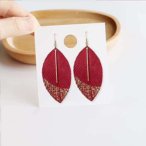 Bohemian Handmade Lightweight Color Large Genuine Soft Leather Fringe Feather Leaf Tear Dangle Drop Earrings for Women Statement - color: 2-Red